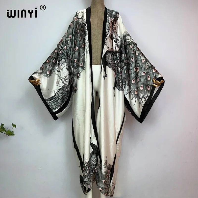 Kaftan Women Boho - WINYI-Kimono classique imprimé paon pour femmes,