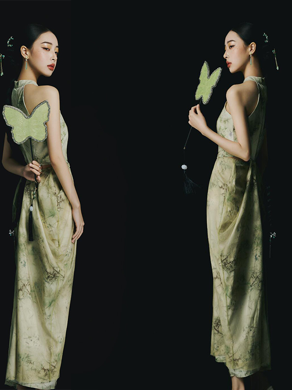 Ethnic Fashion Studio - Nouvelle Robe Vert Style Chinois Dos